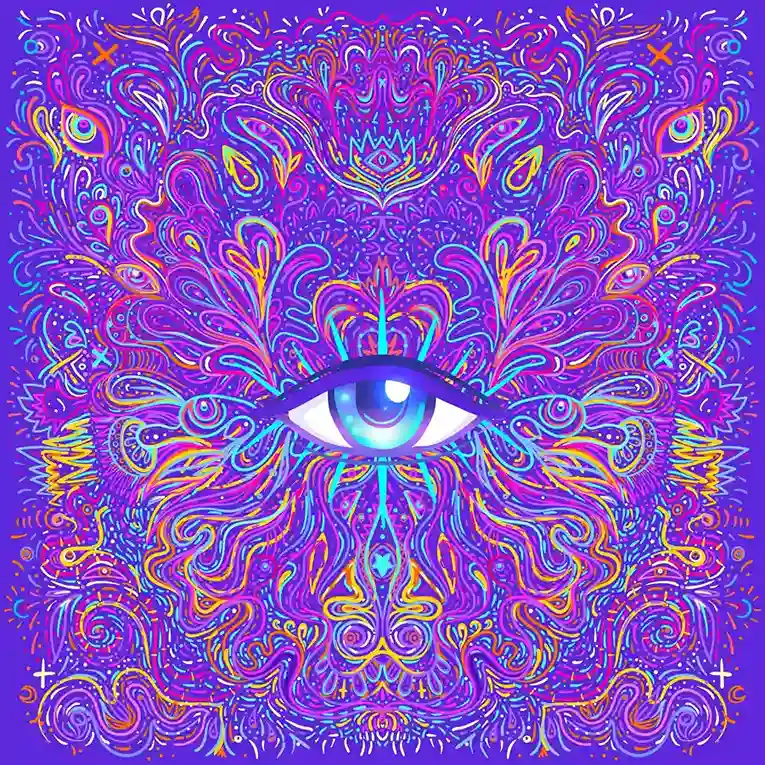 Arte psicodélico geométrico con un ojo central, simbolizando la apertura del tercer ojo y la disolución del ego