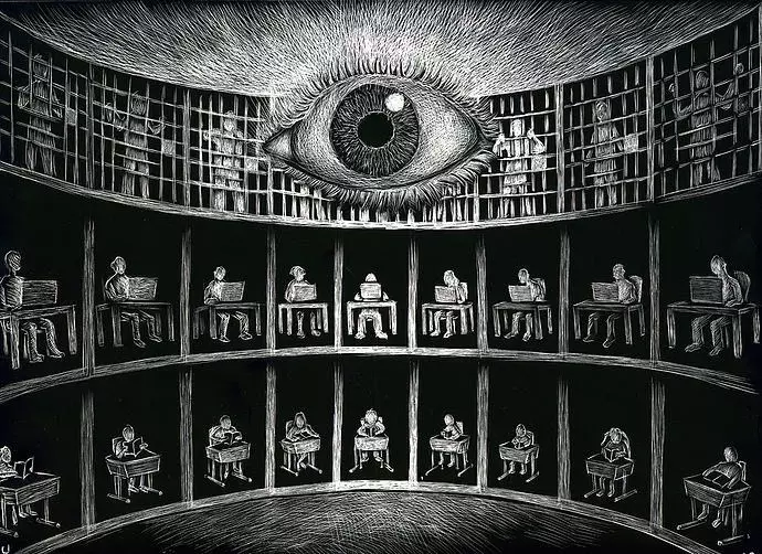 Ilustración del panóptico con un gran ojo vigilando a personas como metáfora del biopoder y la vigilancia según Michel Foucault.