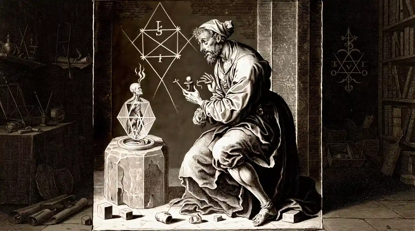 Grabado alquímico antiguo que muestra a un erudito estudiando un homúnculo dentro de un poliedro de cristal, simbolizando la quinta esencia y el misterio de la personalidad