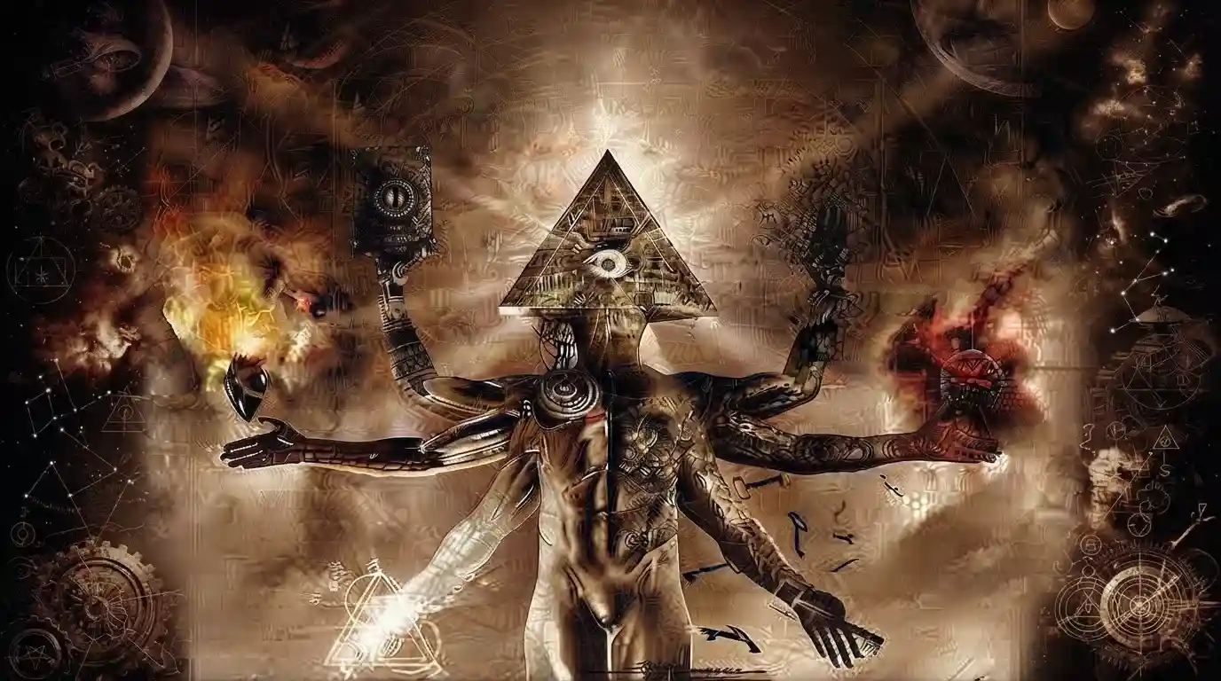 Ilustración simbólica compleja con fondo sepia que representa a una figura híbrida humano-cibernética de múltiples brazos. La cabeza es una pirámide con un ojo que todo lo ve. El cuerpo está dividido entre carne y metal. Las manos sostienen objetos arcanos como un libro con sellos y elementos de fuego y luz. El fondo está lleno de constelaciones, engranajes y símbolos alquímicos.
