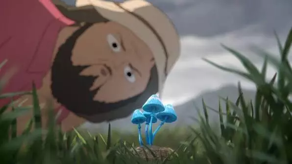 Personaje de la serie efectos colaterales viendo un hongo azul