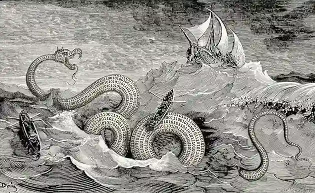 Representación de un Leviatan Algorítmico imponente en el mar