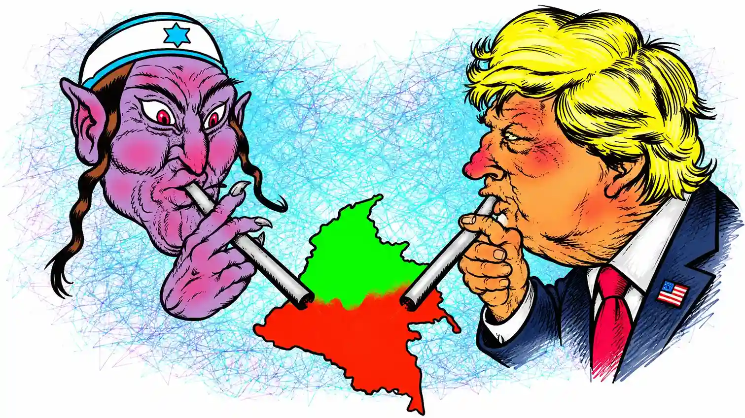 Caricaturas ilustradas de dos presidentes absorbiendo latinoamérica