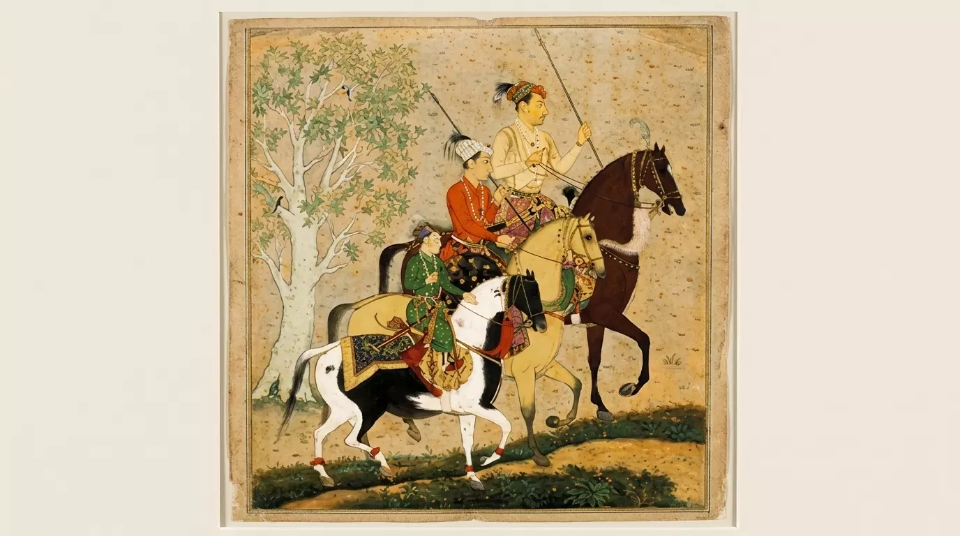 Portada del cuento persa Los tres príncipes de Serendip (tres hombres montados en caballos)
